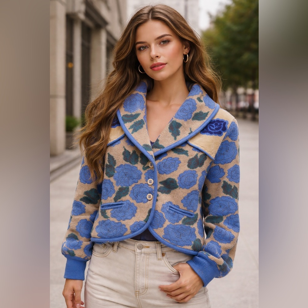 Torras Floral Wool Knit Jacket Made in Spain EU 42 US L